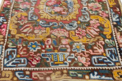 19th Century Geometric Floral Motifs Brown Yellow Needlework Carpet