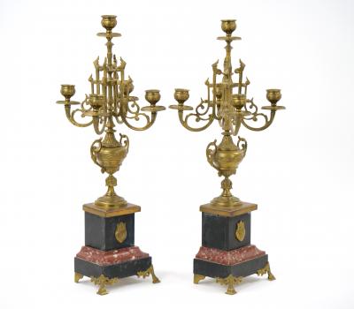 19th Century Gilt Bronze Mounted Slate rouge Marble Five Arm Candelabra