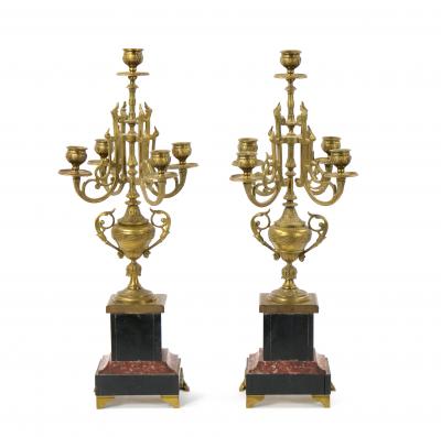 19th Century Gilt Bronze Mounted Slate rouge Marble Five Arm Candelabra