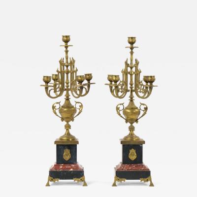 19th Century Gilt Bronze Mounted Slate rouge Marble Five Arm Candelabra