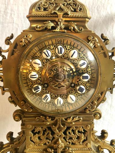 19th Century Gothic Style J E Caldwell Gilt Bronze Clock Garniture Set