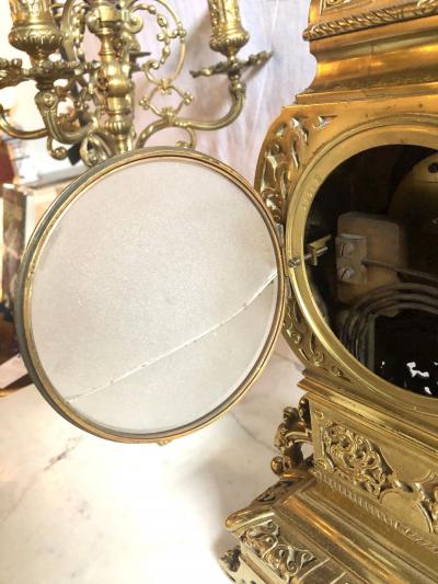 19th Century Gothic Style J E Caldwell Gilt Bronze Clock Garniture Set