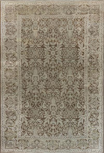 19th Century Indian Amritsar Botanic Brown Handwoven Wool Rug