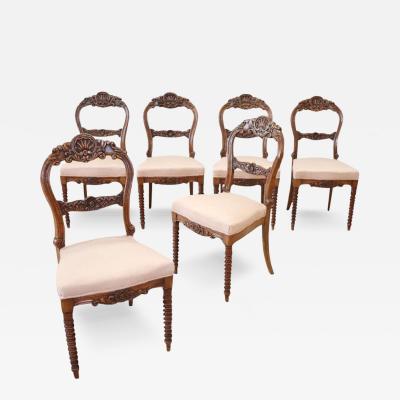 19th Century Italian Louis Philippe Carved Walnut Set of Six Antique Chairs