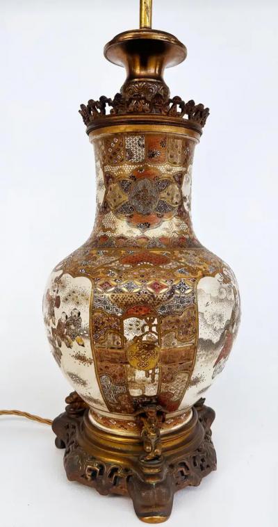19th Century Japanese Satsuma Vases Mounted as Lamps Gilt Bronze Mounts Pair