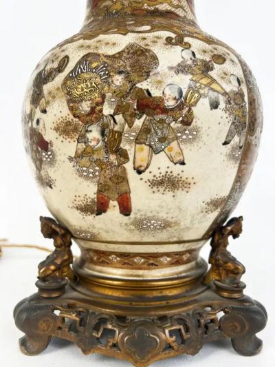 19th Century Japanese Satsuma Vases Mounted as Lamps Gilt Bronze Mounts Pair