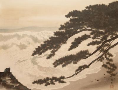 19th Century Japanese Scroll Ocean Wave and Pine Tree