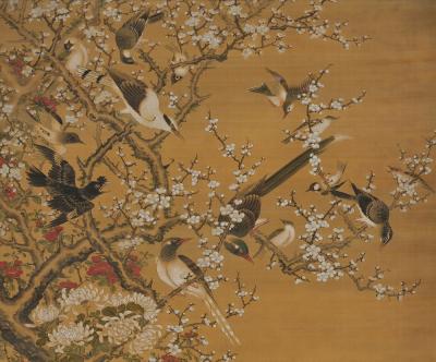 19th Century Japanese Scroll Painting Birds Flowers of the Four Seasons 