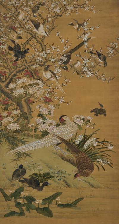 19th Century Japanese Scroll Painting Birds Flowers of the Four Seasons 