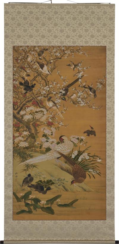 19th Century Japanese Scroll Painting Birds Flowers of the Four Seasons 
