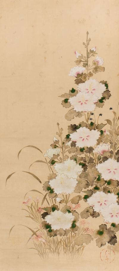 19th Century Japanese Scroll of Hollyhocks