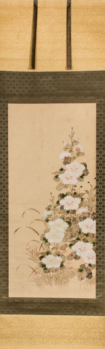 19th Century Japanese Scroll of Hollyhocks
