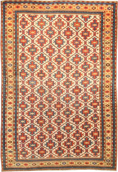 19th Century Kazak Handmade Wool Rug in Red Yellow and Blue