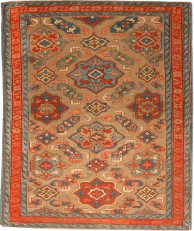 19th Century Kuba Orange and Blue Handmade Wool Rug