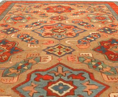 19th Century Kuba Orange and Blue Handmade Wool Rug