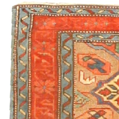 19th Century Kuba Orange and Blue Handmade Wool Rug