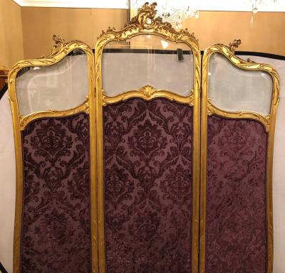 19th Century Louis XV Giltwood Three Fold Screen with Original Glass Panels