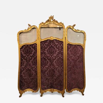 19th Century Louis XV Giltwood Three Fold Screen with Original Glass Panels