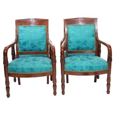 19th Century Mahogany Wood Framed Upholstered Armchair Set