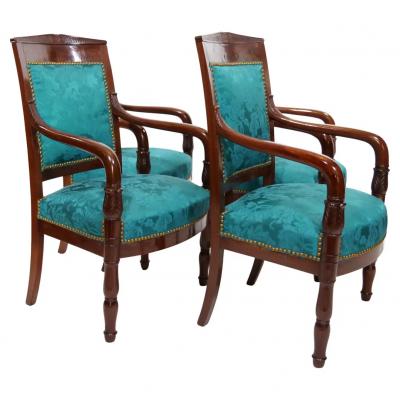 19th Century Mahogany Wood Framed Upholstered Armchair Set