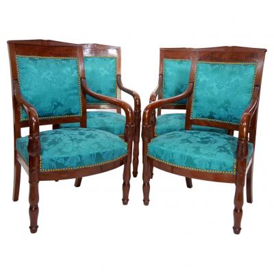 19th Century Mahogany Wood Framed Upholstered Armchair Set