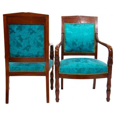 19th Century Mahogany Wood Framed Upholstered Armchair Set