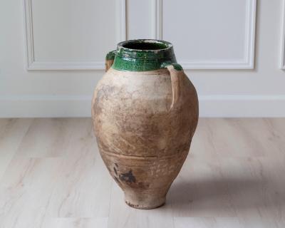 19th Century Mediterranean Terracotta Jar with Green Glazed Rim and Handles