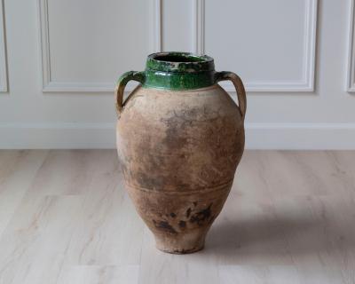 19th Century Mediterranean Terracotta Jar with Green Glazed Rim and Handles
