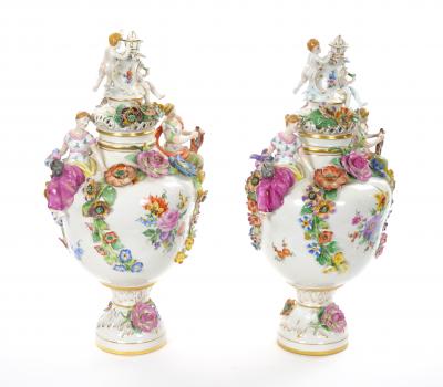 19th Century Meissen Rococo Style Flower Encrusted Covered Urns from Germany