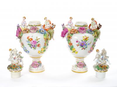 19th Century Meissen Rococo Style Flower Encrusted Covered Urns from Germany