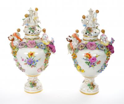 19th Century Meissen Rococo Style Flower Encrusted Covered Urns from Germany