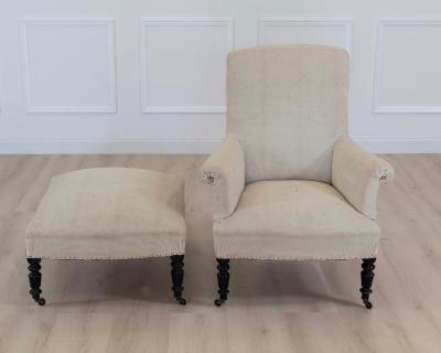 19th Century Napoleon III Square Back Armchair with Matching Footstool