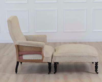 19th Century Napoleon III Square Back Armchair with Matching Footstool