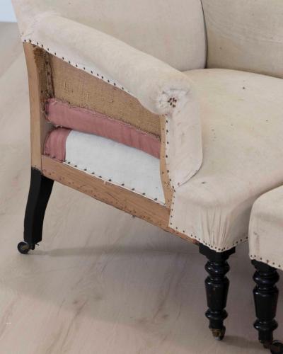 19th Century Napoleon III Square Back Armchair with Matching Footstool