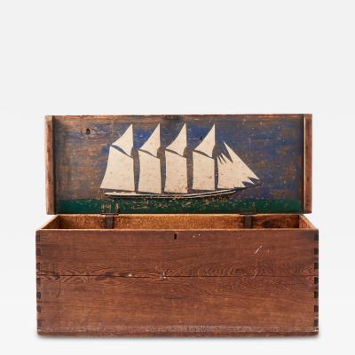 19th Century New England Sea Chest with Folk Art Painted Lid