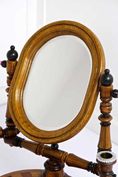 19th Century Oakwood Vanity Table With Candlesticks Micro Inlays AT ca 1890