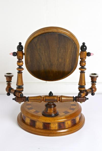 19th Century Oakwood Vanity Table With Candlesticks Micro Inlays AT ca 1890