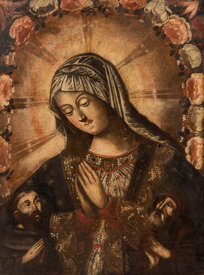 19th Century Oil On Canvas Painting Of The Virgin Mary Cusco Peru 