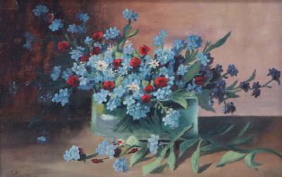 19th Century Oil Painting Jules Larcher French Still Life of Forget Me Nots