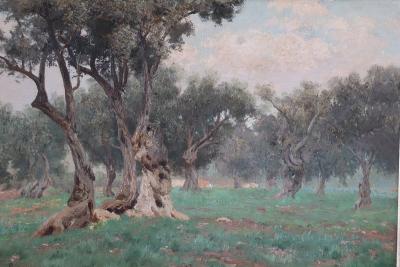 19th Century Oil Painting on Canvas Italian Olive Grove Landscape Signed