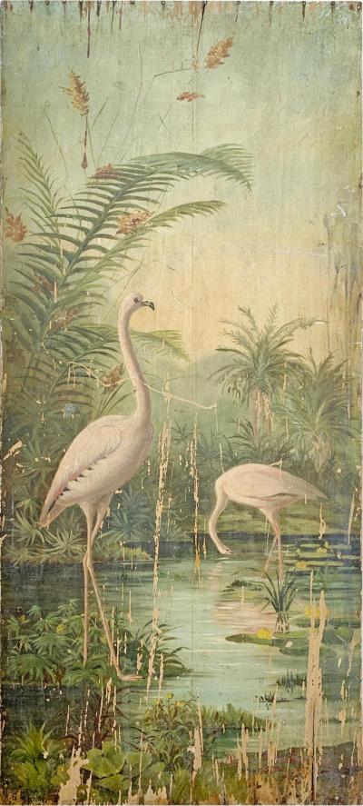 19th Century Oil on Board Flamingos in the Tropics