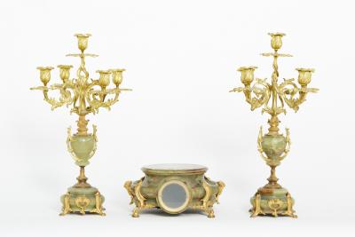 19th Century Onyx Gilt Three Piece Clock Garniture