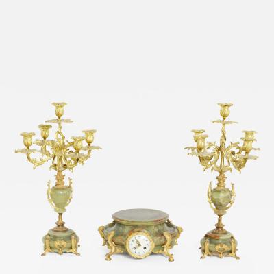 19th Century Onyx Gilt Three Piece Clock Garniture