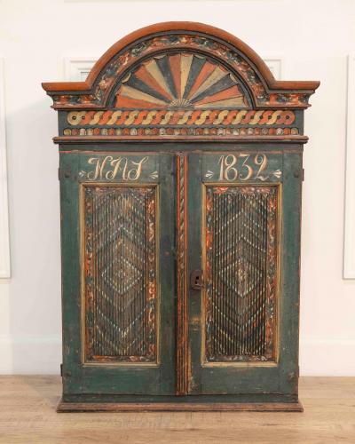 19th Century Painted Sk ne Wall Cabinet with Reeded Doors Sweden