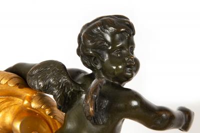 19th Century Pair Louis XV Style Bronze Fireplace Chenets with Putto Sculpture