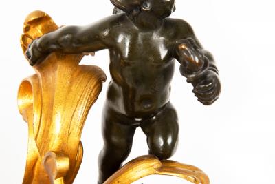 19th Century Pair Louis XV Style Bronze Fireplace Chenets with Putto Sculpture