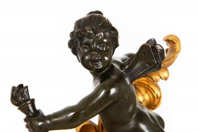 19th Century Pair Louis XV Style Bronze Fireplace Chenets with Putto Sculpture