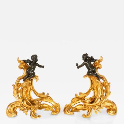 19th Century Pair Louis XV Style Bronze Fireplace Chenets with Putto Sculpture