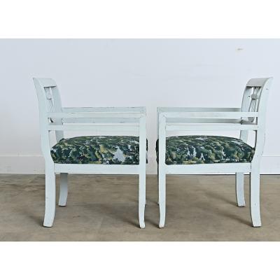 19th Century Pair of Biedermeier Painted Armchairs in New Upholstery
