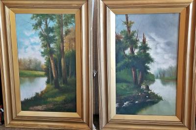 19th Century Pair of British Oils on Canvas of River and Forest Scenes